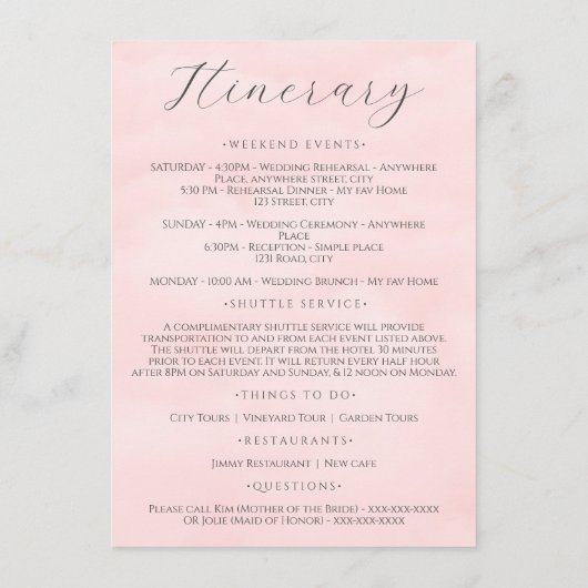 赤面ピンクミニマル結婚リストの週末の日程 エンクロージャーカード (裏面)