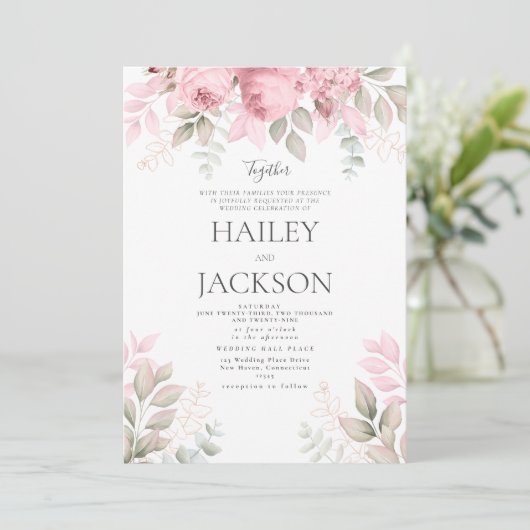 赤面ピンクミントと白マグノリアフローラ結婚ズ 招待状 (スタンド正面)