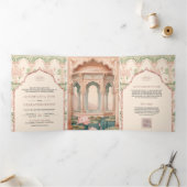 赤面ピンクミントグリーンロータスガーデンインディアン結婚ズ 三つ折り招待状 (内部)