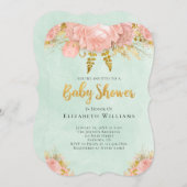 赤面ピンクミントグリーン金ゴールドフラワーガールベビーシャワー 招待状 (正面/裏面)