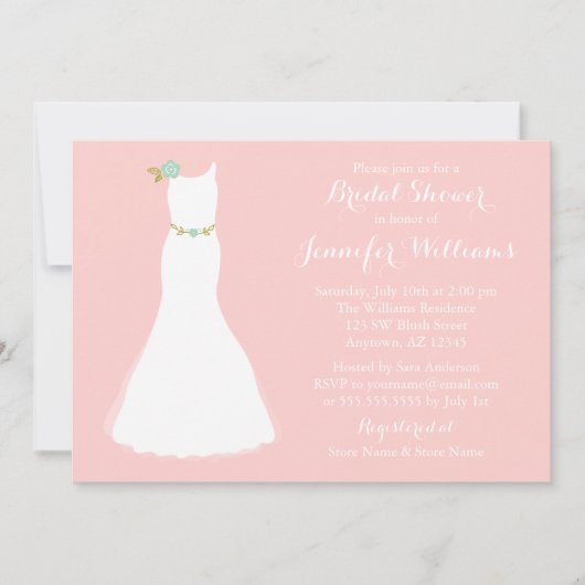 赤面ピンクミントフローラ結婚ズガウンブライダルシャワー 招待状 (正面)