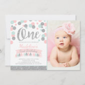 赤面ピンクミント&シルバーバースデー招待状 招待状 (正面)