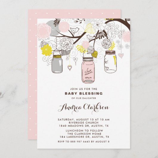 赤面ピンクメイソンジャースフローラ賛美ベビー 招待状 (正面/裏面)