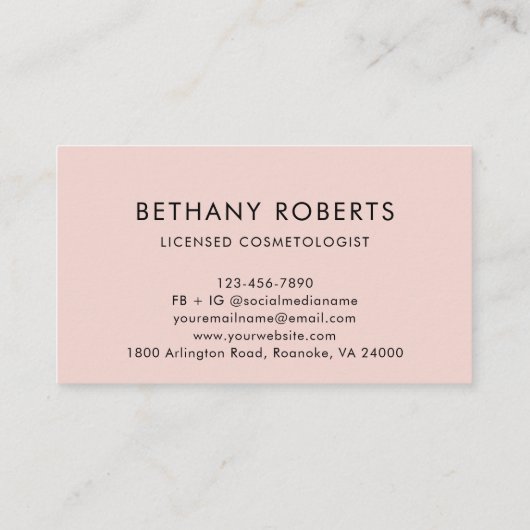 赤面ピンクモダンのスクリプトヘアとメイクアップ 名刺 (裏面)
