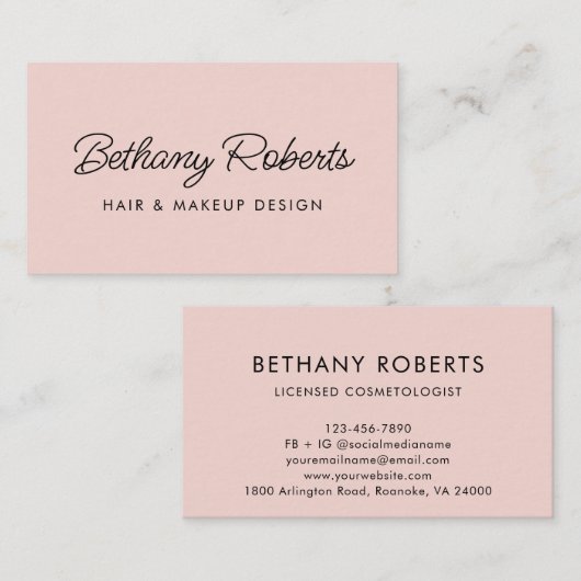 赤面ピンクモダンのスクリプトヘアとメイクアップ 名刺 (正面/裏面)