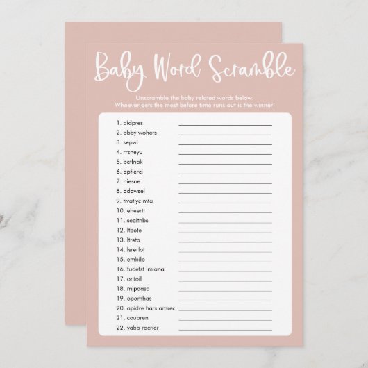 赤面ピンクモダンの赤ちゃんシャワーワードスクランブルゲーム 招待状 (正面/裏面)