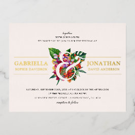 赤面ピンクモダントロピカルブケ結婚ス 箔招待状ポストカード