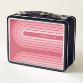 赤面ピンクモダンパタストライプのーン名前をカスタムする メタルランチボックス (裏面)