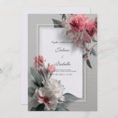 赤面ピンクモダンフローラ結婚ズ 招待状 (正面/裏面)