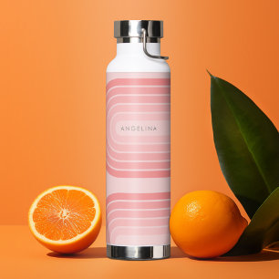 赤面ピンクモダンレトロパタストライプのーン名前をカスタムする ウォーターボトル