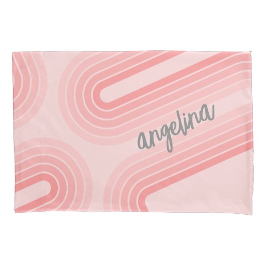 赤面ピンクモダンレトロパタストライプのーン名前をカスタムする 枕カバー (正面)