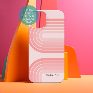 赤面ピンクモダンレトロパタストライプのーン名前をカスタムする iPhone 15ケース