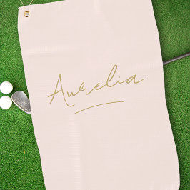 赤面ピンクモダン金ゴールドスクリプトモノグラム名 ゴルフタオル