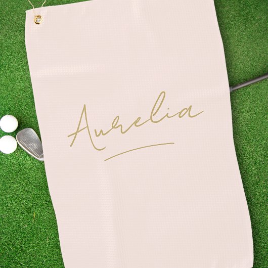 赤面ピンクモダン金ゴールドスクリプトモノグラム名 ゴルフタオル