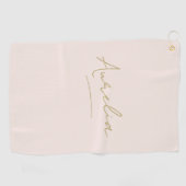 赤面ピンクモダン金ゴールドスクリプトモノグラム名 ゴルフタオル (横)