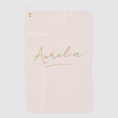 赤面ピンクモダン金ゴールドスクリプトモノグラム名 ゴルフタオル (正面)