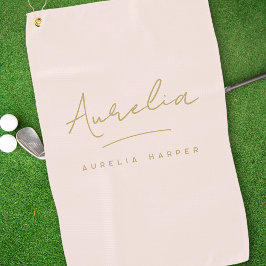 赤面ピンクモダン金ゴールドスクリプトモノグラム署名 ゴルフタオル