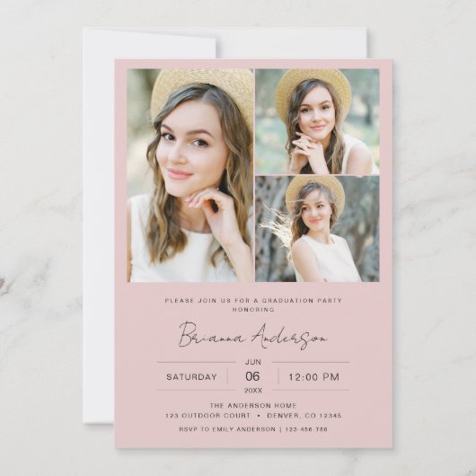 赤面ピンクモダン2写真卒業パーティー 招待状 (裏面)