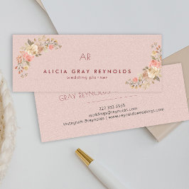 赤面ピンクモノグラムエレガントフローラウェディングプランナー スキニー名刺