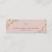 赤面ピンクモノグラムエレガントフローラウェディングプランナー スキニー名刺 (正面)