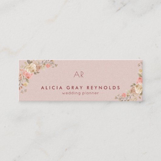 赤面ピンクモノグラムエレガントフローラウェディングプランナー スキニー名刺 (正面)
