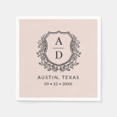 赤面ピンクモノグラムフローラ結婚ズクレスト スタンダードカクテルナプキン (正面)