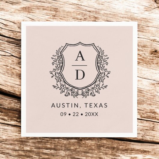 赤面ピンクモノグラムフローラ結婚ズクレスト スタンダードカクテルナプキン