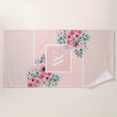 赤面ピンクモノグラム水彩花 ビーチタオル (正面)