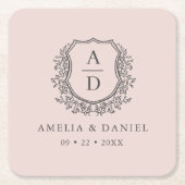 赤面ピンクモノグラム結婚のフローラクレストエレガント スクエアペーパーコースター (正面)