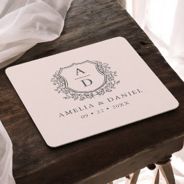 赤面ピンクモノグラム結婚のフローラクレストエレガント スクエアペーパーコースター