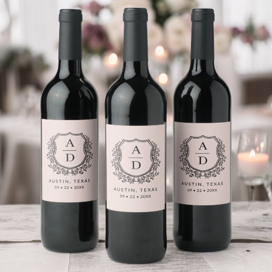 赤面ピンクモノグラム結婚のフローラクレスト ワインラベル