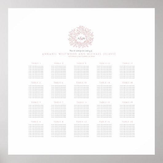 赤面ピンクモノグラム結婚の20テーブル座席表 ポスター (正面)