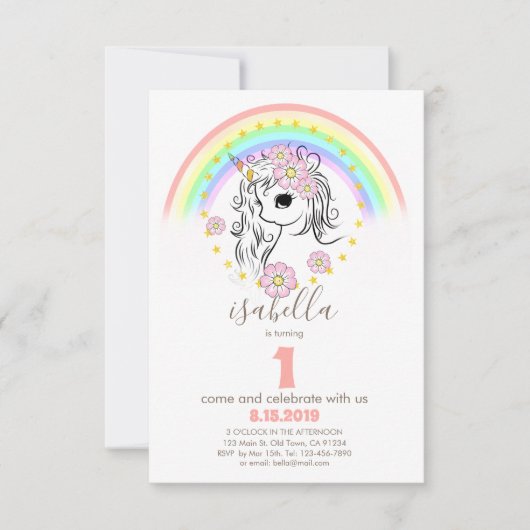 赤面ピンクユニコーン誕生日招待状 招待状 (正面)