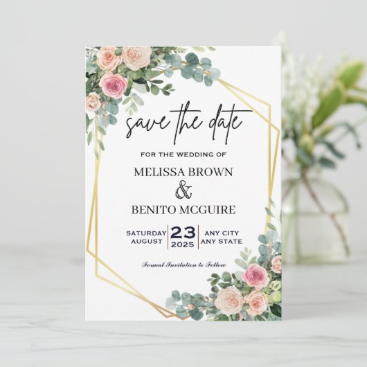 赤面ピンクユーカリフローラ金ゴールド幾何学 セーブザデート (スタンド正面)