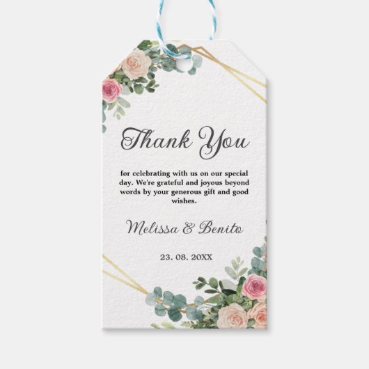 赤面ピンクユーカリ水の色ジオメトリック結婚ス ギフトタグ (正面)