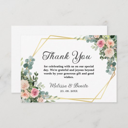 赤面ピンクユーカリ水の色ジオメトリック結婚ス サンキューカード (正面/裏面)