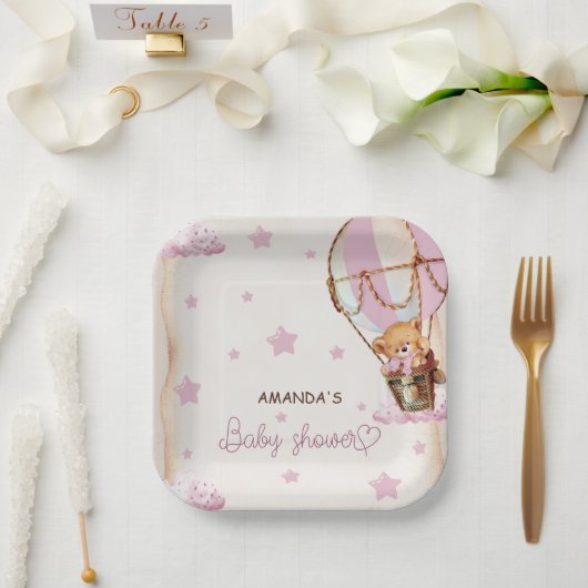 赤面ピンクライトブラウンベアーバルーン赤ちゃんシャワー ペーパープレート (ウェディング)