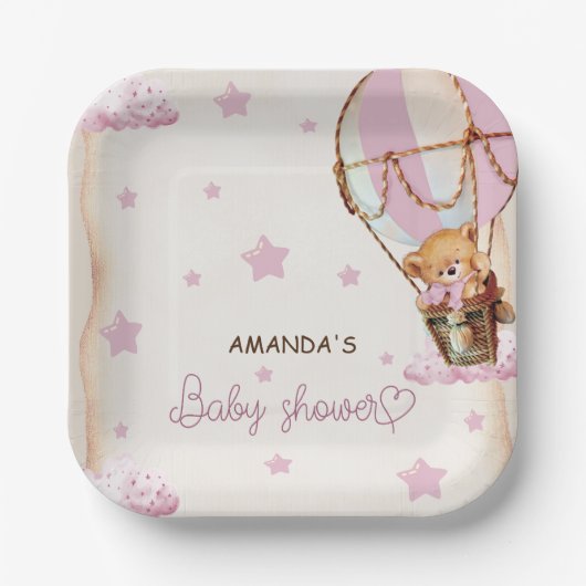 赤面ピンクライトブラウンベアーバルーン赤ちゃんシャワー ペーパープレート (正面)
