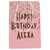 赤面ピンクラインきらきら光るストン誕生日 ミディアムペーパーバッグ (正面)