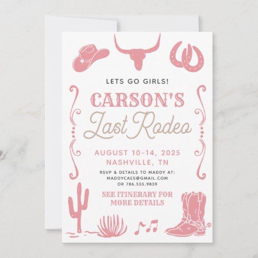 赤面ピンクラストロデオ女性のカーボーイバチェロレッテ招待状 招待状 (正面)
