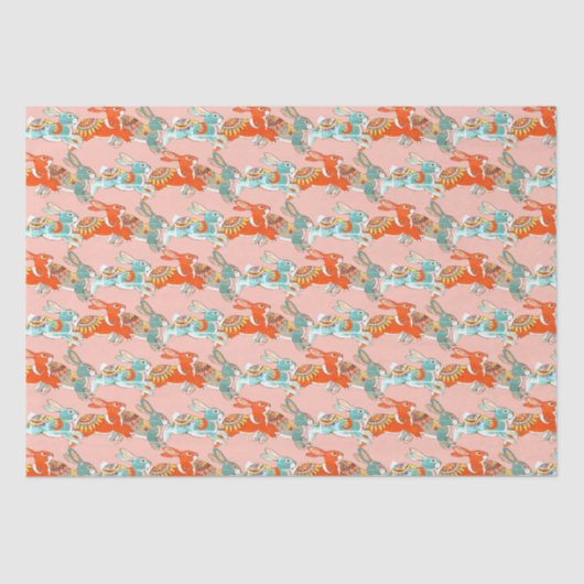 赤面ピンクラビットバニーカラフルかわいいフォークパターン 薄葉紙 (正面)