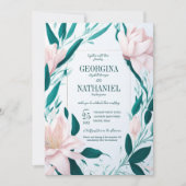 赤面ピンクリリーエメラルド葉春の結婚式 招待状 (正面)