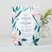 赤面ピンクリリーエメラルド葉春の結婚式 招待状 (スタンド正面)