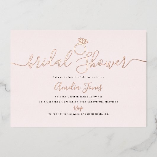 赤面ピンクリングや輪バラ金ゴールドブライダルシャワー 箔招待状 (正面)