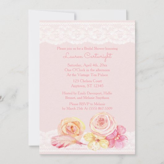 赤面ピンクレース及び花ブライダルシャワー 招待状 (正面)