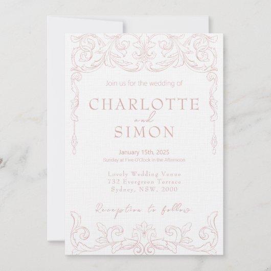 赤面ピンクロココテーマ結婚式招待状 招待状 (正面)