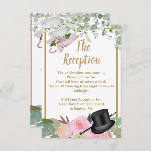 赤面ピンクロマンチックフローラウェディングレセプションカード 出欠カード (正面/裏面)