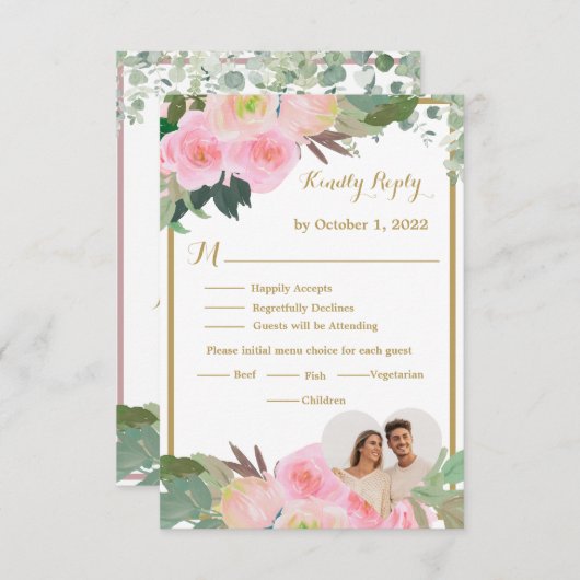 赤面ピンクロマンチックフローラウェディングRSVPカード 出欠カード (正面/裏面)
