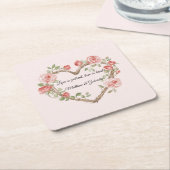 赤面ピンクロマンチックレッドローズフローラハート結婚ズ スクエアペーパーコースター (アングル)