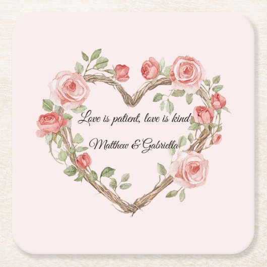 赤面ピンクロマンチックレッドローズフローラハート結婚ズ スクエアペーパーコースター (正面)